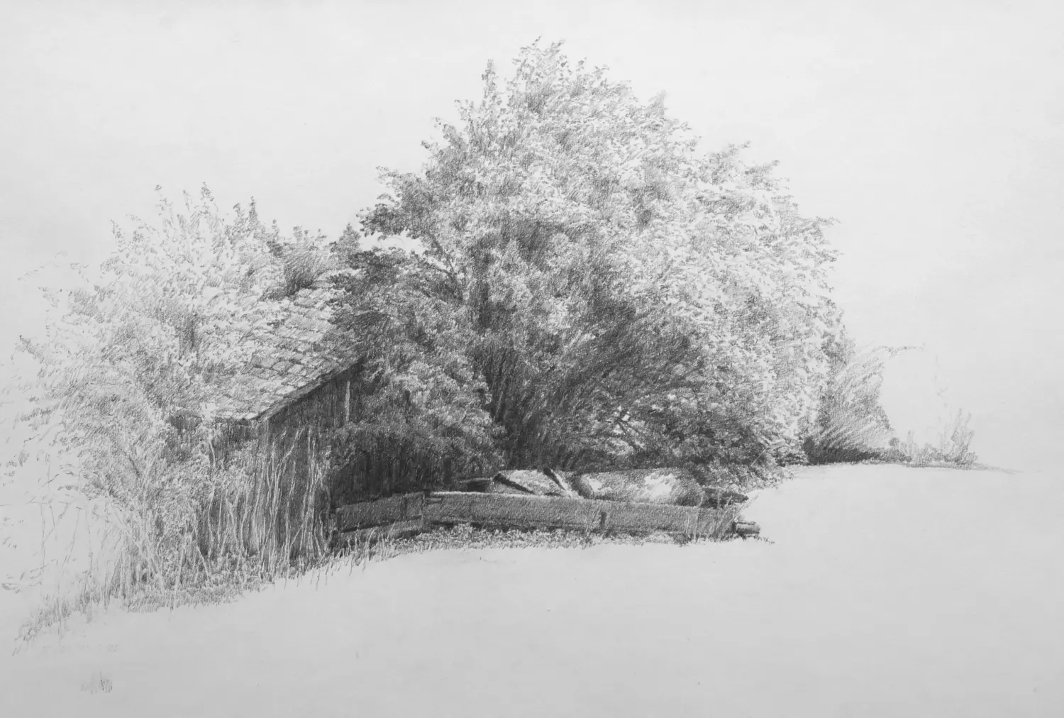 ´Schuppen mit Wagen´ (Bernried) Bleistiftzeichnung