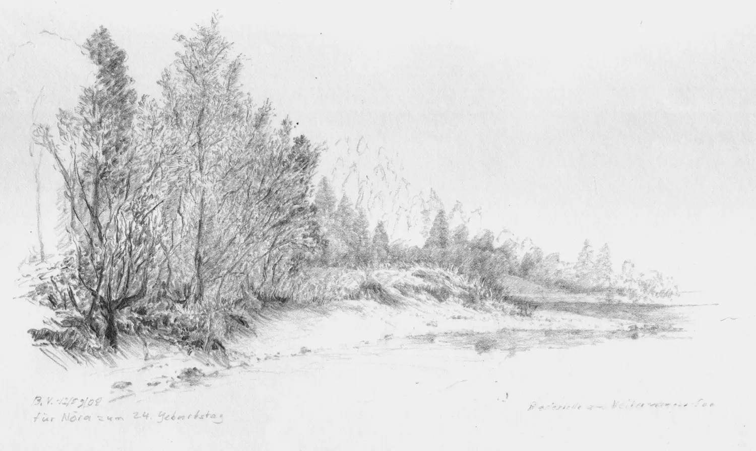 ´Badestelle Heiterwanger  See´ (Tirol) Bleistiftzeichnung 