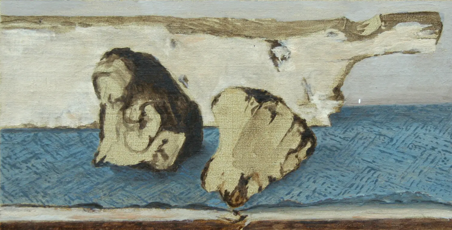 ´Schwemmholz, Feuerstein und Putztuch´  Öl auf Lwd. 12x24cm