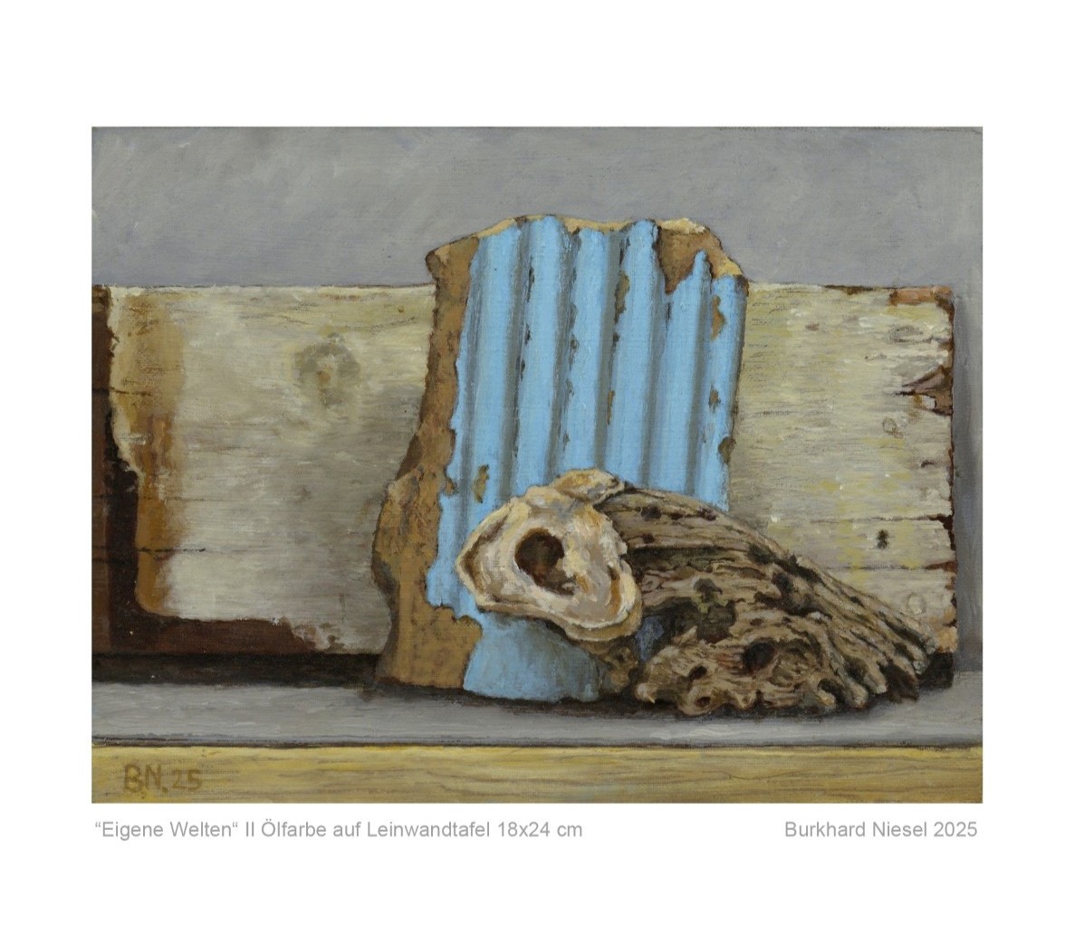 ´Schwemmholz, Feuerstein und Putztuch´  Öl auf Lwd. 12x24cm